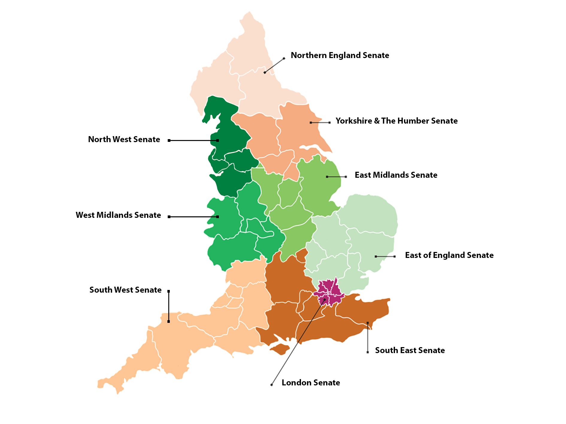 map of England broken down by colours into geographical areas to denote the coverage of each clinical senate in England